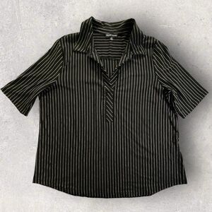 Modern Works Pinstripe Stretch Collared Top Black White Short Sleeve Womens XL
